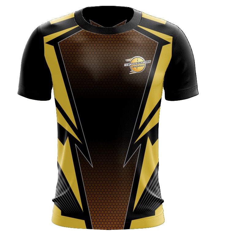 Hexa Power" – for the second shirt with the honeycomb texture and sharp lightning-like golden design.